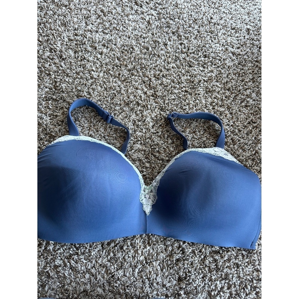 Cacique Blue Lace Trim Full Coverage Underwire Bra 44F Adjustable Straps